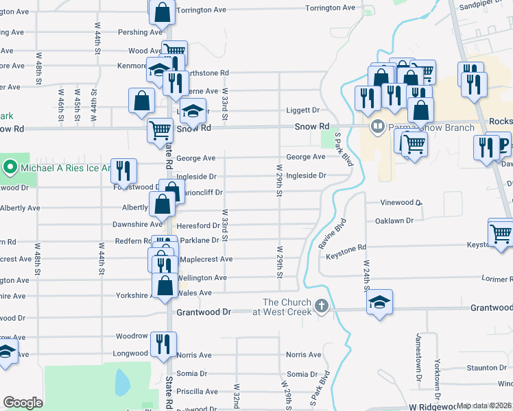 map of restaurants, bars, coffee shops, grocery stores, and more near 3010 Commonwealth Drive in Parma