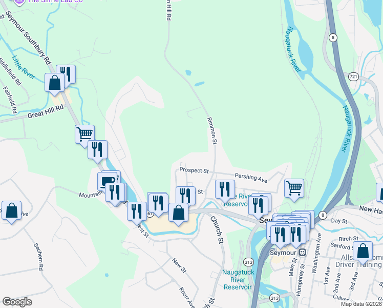 map of restaurants, bars, coffee shops, grocery stores, and more near 77 Johnson Avenue in Seymour