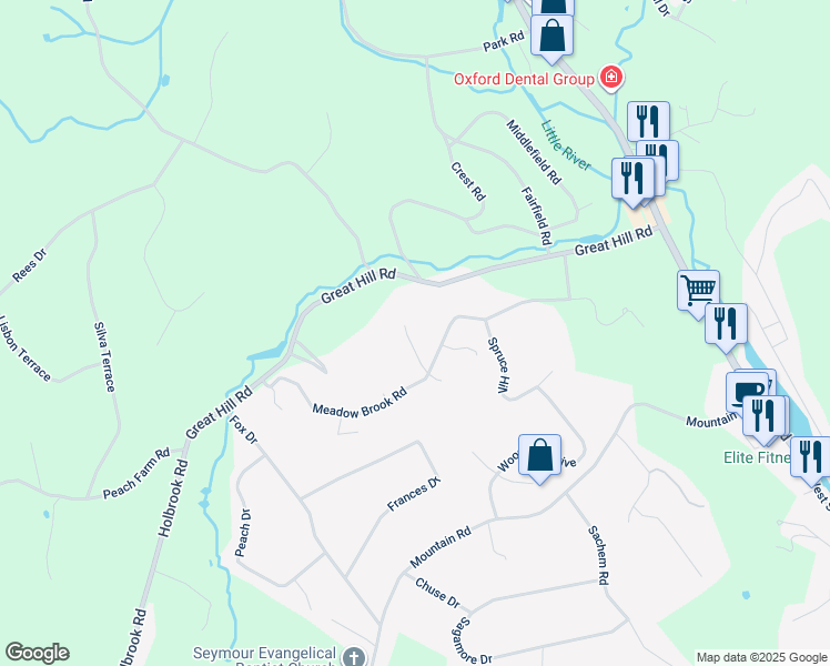 map of restaurants, bars, coffee shops, grocery stores, and more near 166 Meadow Brook Road in Oxford