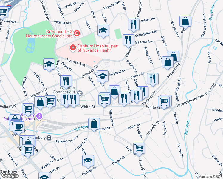 map of restaurants, bars, coffee shops, grocery stores, and more near 7 James Street in Danbury