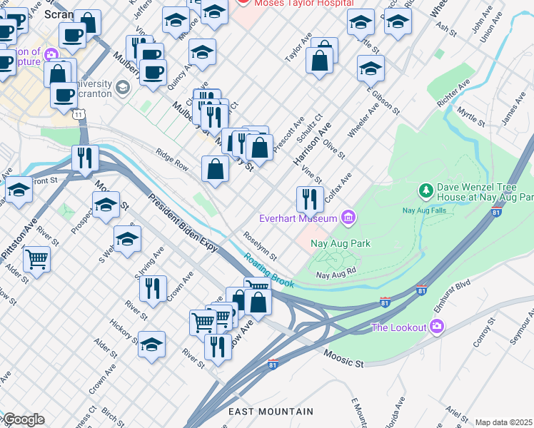 map of restaurants, bars, coffee shops, grocery stores, and more near 302 Harrison Avenue in Scranton