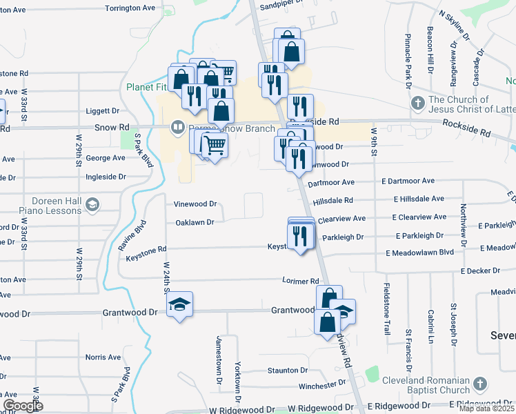 map of restaurants, bars, coffee shops, grocery stores, and more near 1887 Valewood Drive in Parma