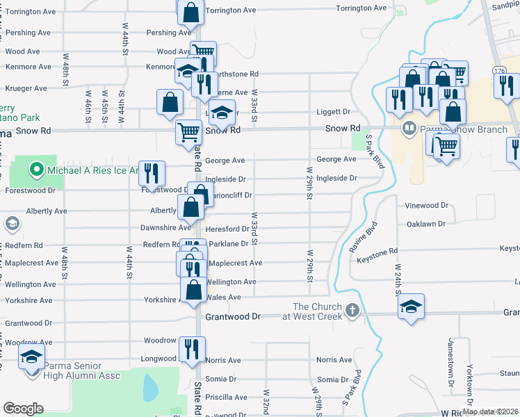 map of restaurants, bars, coffee shops, grocery stores, and more near 3210 Commonwealth Drive in Parma