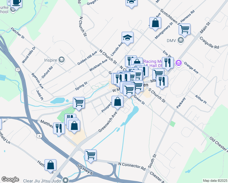 map of restaurants, bars, coffee shops, grocery stores, and more near 201 West Main Street in Goshen
