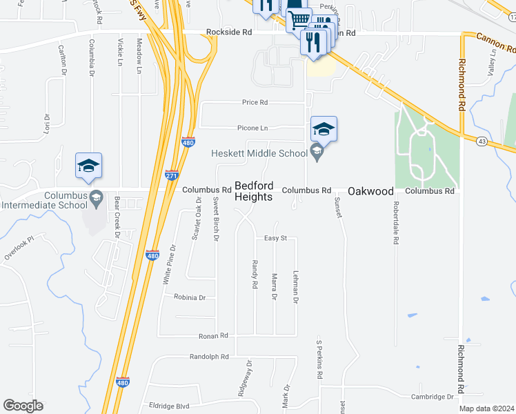 map of restaurants, bars, coffee shops, grocery stores, and more near 5815 Kimberly Drive in Bedford Heights