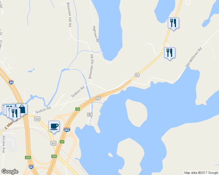 map of restaurants, bars, coffee shops, grocery stores, and more near 112 Sodom Road in Brewster