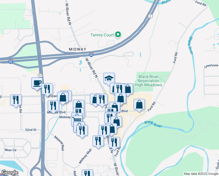 map of restaurants, bars, coffee shops, grocery stores, and more near 2015 West River Road North in Elyria
