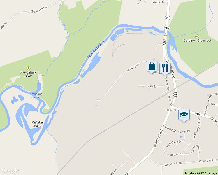 map of restaurants, bars, coffee shops, grocery stores, and more near 105 Bowling Lane in Westerly