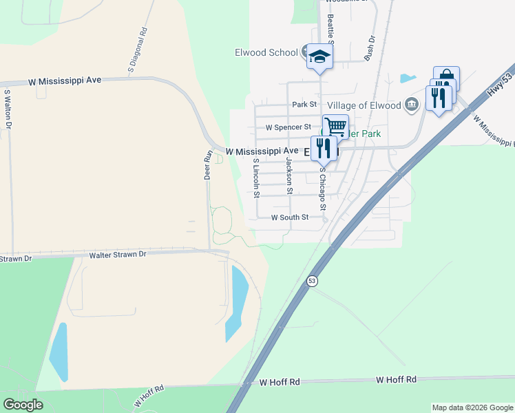 map of restaurants, bars, coffee shops, grocery stores, and more near 301 South Lincoln Street in Elwood