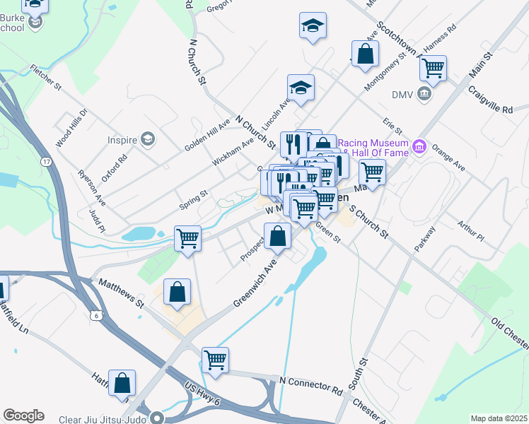 map of restaurants, bars, coffee shops, grocery stores, and more near 201 West Main Street in Goshen
