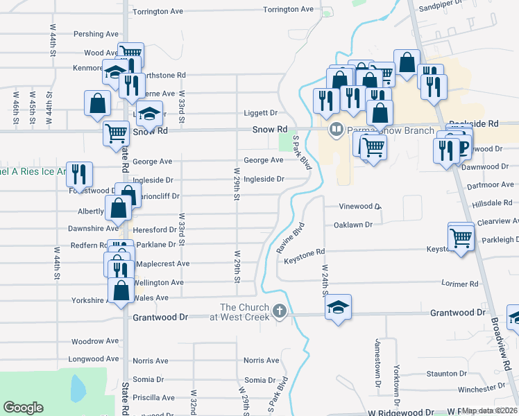 map of restaurants, bars, coffee shops, grocery stores, and more near 2716 Commonwealth Dr in Parma
