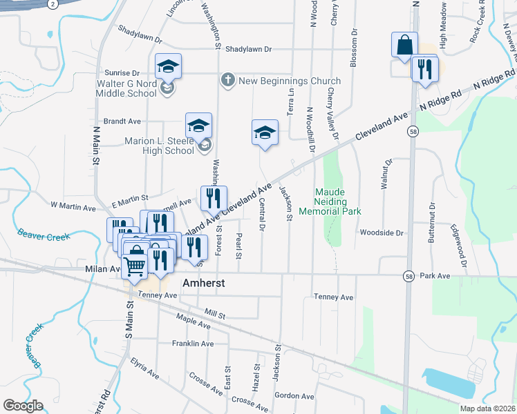 map of restaurants, bars, coffee shops, grocery stores, and more near 120 Central Drive in Amherst