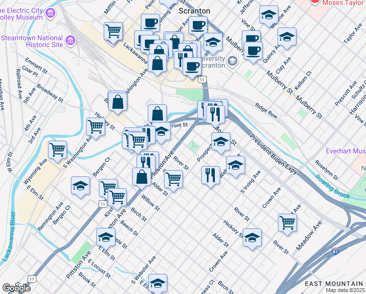 map of restaurants, bars, coffee shops, grocery stores, and more near 508 Orchard Street in Scranton