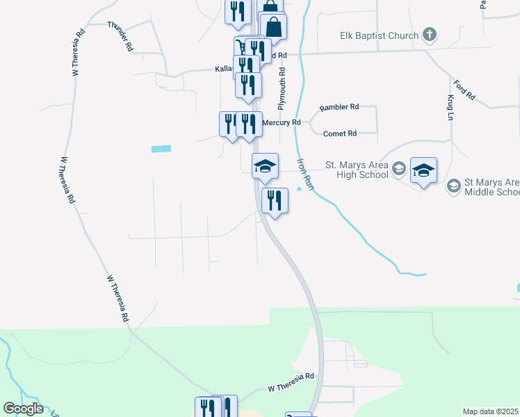 map of restaurants, bars, coffee shops, grocery stores, and more near PA-255 & Earth Rd in Saint Marys
