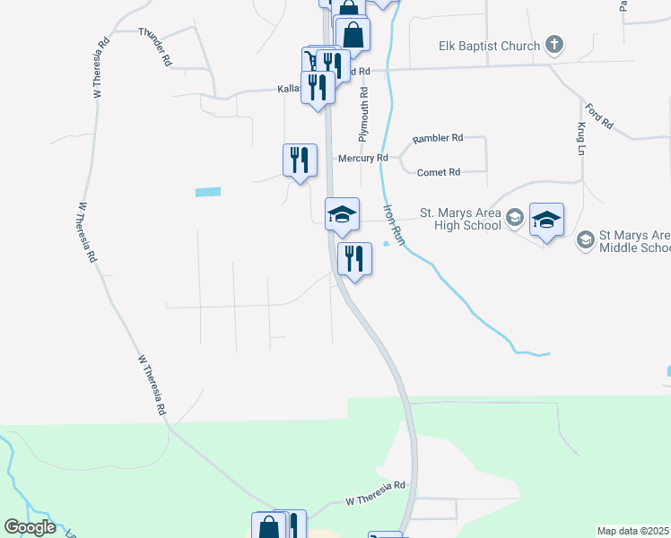 map of restaurants, bars, coffee shops, grocery stores, and more near PA-255 & Earth Rd in Saint Marys
