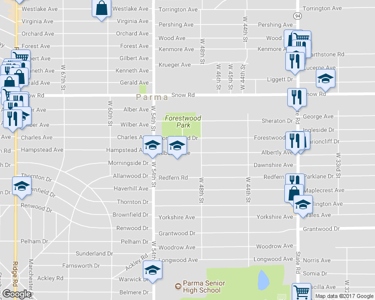 map of restaurants, bars, coffee shops, grocery stores, and more near 4910 Albertly Avenue in Parma