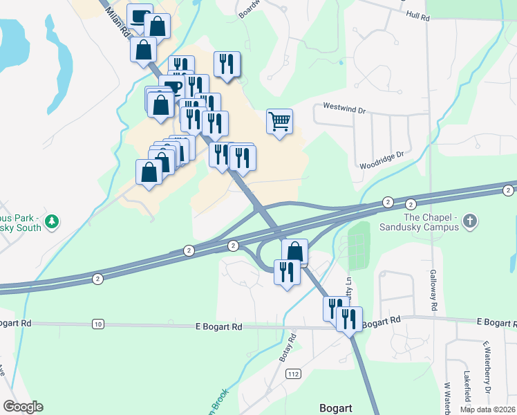 map of restaurants, bars, coffee shops, grocery stores, and more near 5901 Milan Road in Sandusky