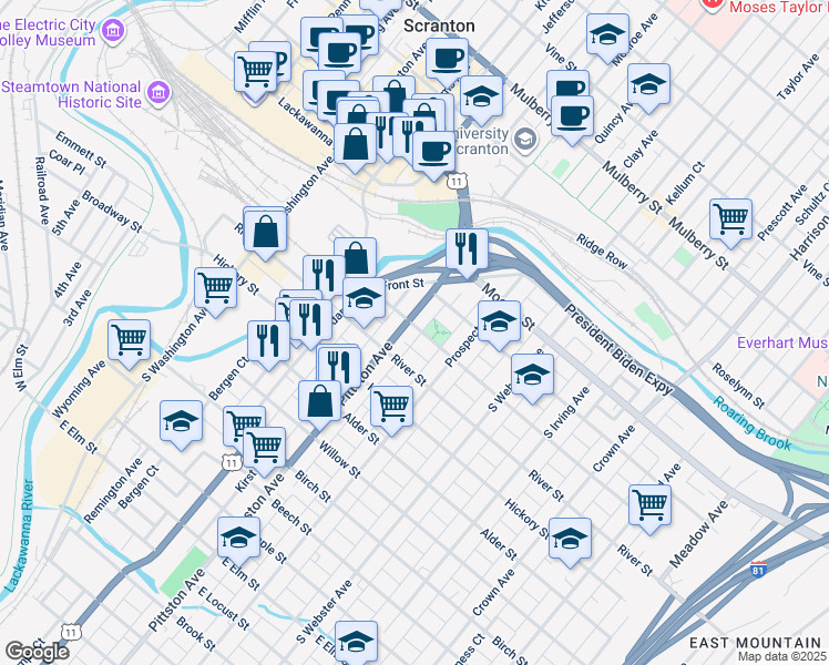 map of restaurants, bars, coffee shops, grocery stores, and more near 508 Orchard Street in Scranton