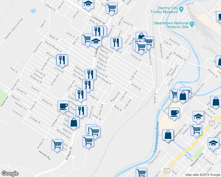 map of restaurants, bars, coffee shops, grocery stores, and more near 924 Acker Avenue in Scranton