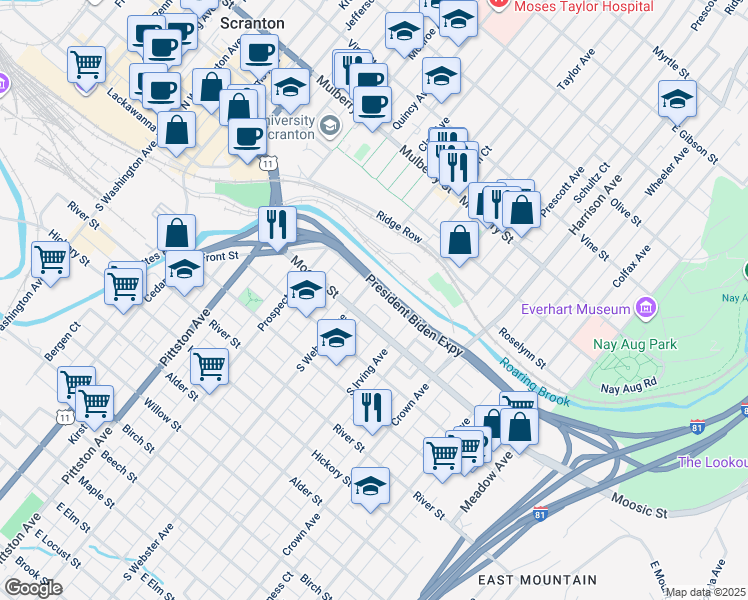 map of restaurants, bars, coffee shops, grocery stores, and more near Scranton Expressway in Scranton