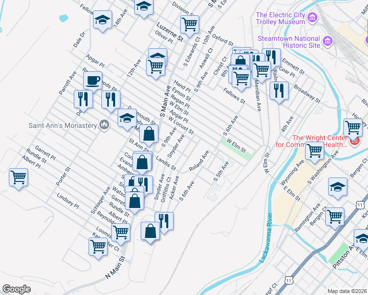 map of restaurants, bars, coffee shops, grocery stores, and more near 925 Corbett Avenue in Scranton