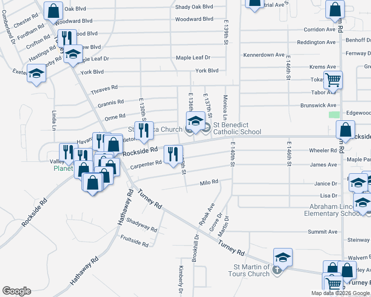map of restaurants, bars, coffee shops, grocery stores, and more near 13604 Rockside Road in Garfield Heights