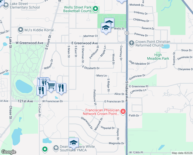 map of restaurants, bars, coffee shops, grocery stores, and more near 501 Mary Lane in Crown Point