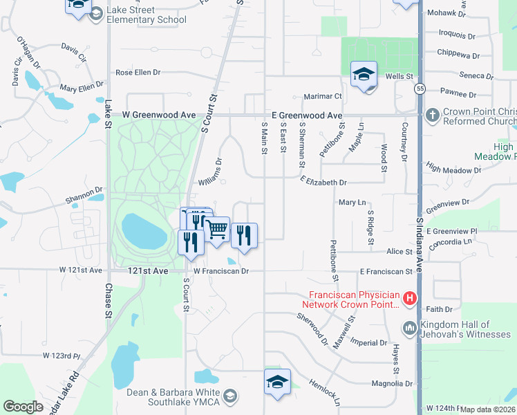 map of restaurants, bars, coffee shops, grocery stores, and more near 901 South Main Street in Crown Point