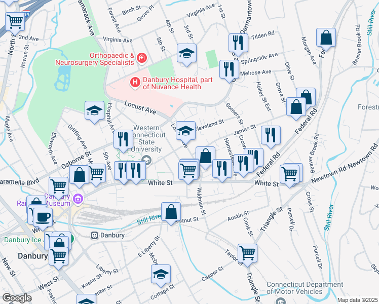 map of restaurants, bars, coffee shops, grocery stores, and more near 26 Locust Avenue in Danbury