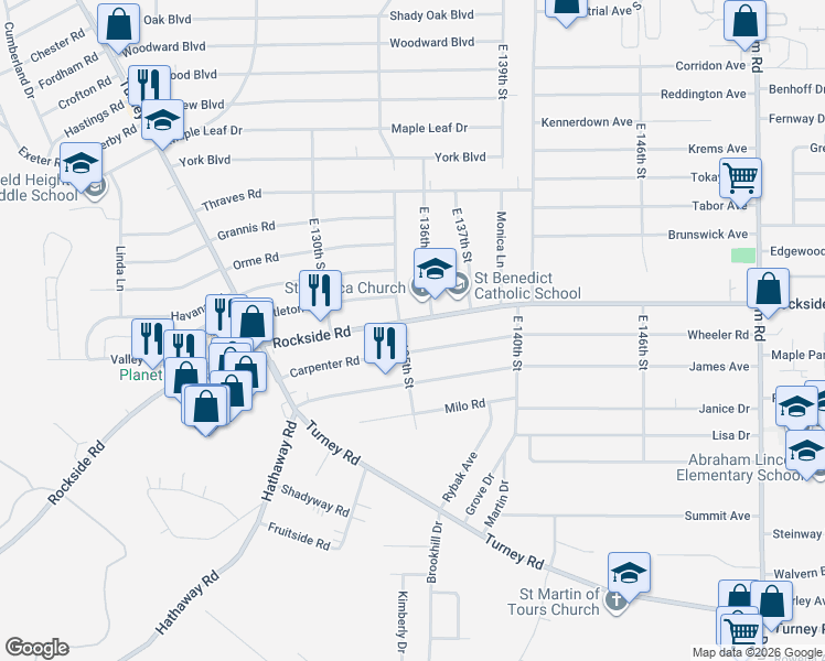 map of restaurants, bars, coffee shops, grocery stores, and more near 13604 Rockside Road in Garfield Heights