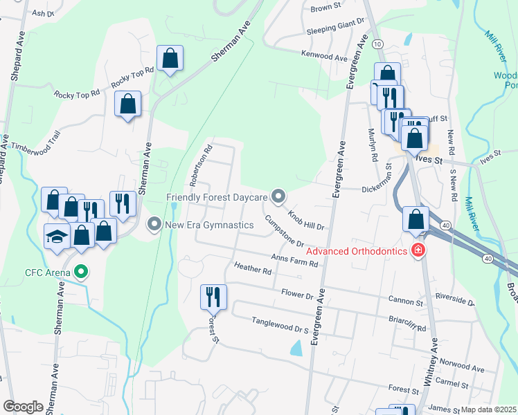 map of restaurants, bars, coffee shops, grocery stores, and more near 136 Cumpstone Drive in Hamden