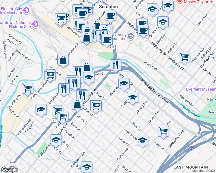 map of restaurants, bars, coffee shops, grocery stores, and more near 515 Orchard Street in Scranton