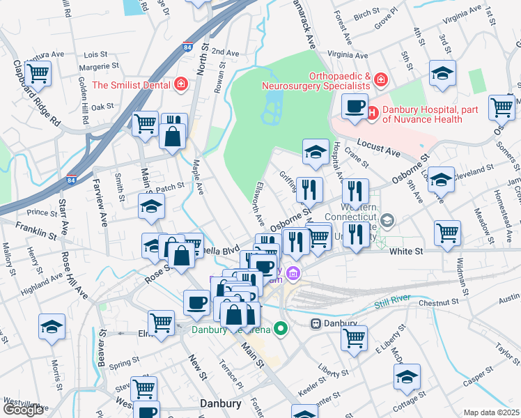 map of restaurants, bars, coffee shops, grocery stores, and more near 9 Ellsworth Avenue in Danbury