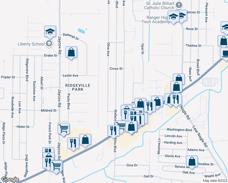 map of restaurants, bars, coffee shops, grocery stores, and more near 6070 Wallace Boulevard in North Ridgeville
