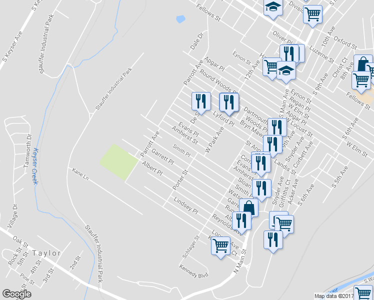 map of restaurants, bars, coffee shops, grocery stores, and more near 1317 Sloan Street in Scranton
