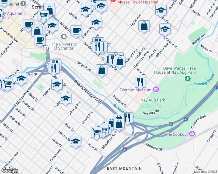 map of restaurants, bars, coffee shops, grocery stores, and more near 226 Prescott Avenue in Scranton