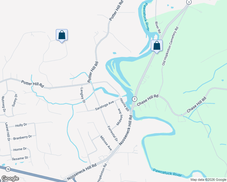 map of restaurants, bars, coffee shops, grocery stores, and more near 16 Hiscox Road in Westerly
