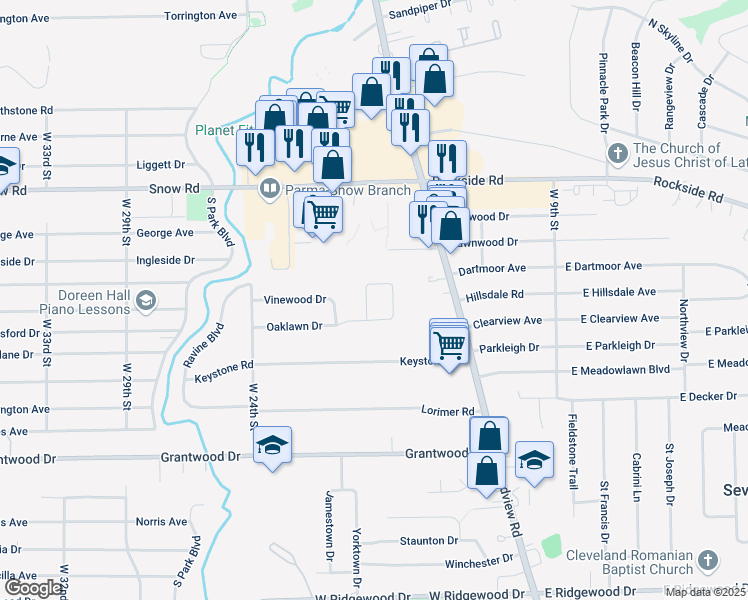 map of restaurants, bars, coffee shops, grocery stores, and more near 1887 Valewood Drive in Parma