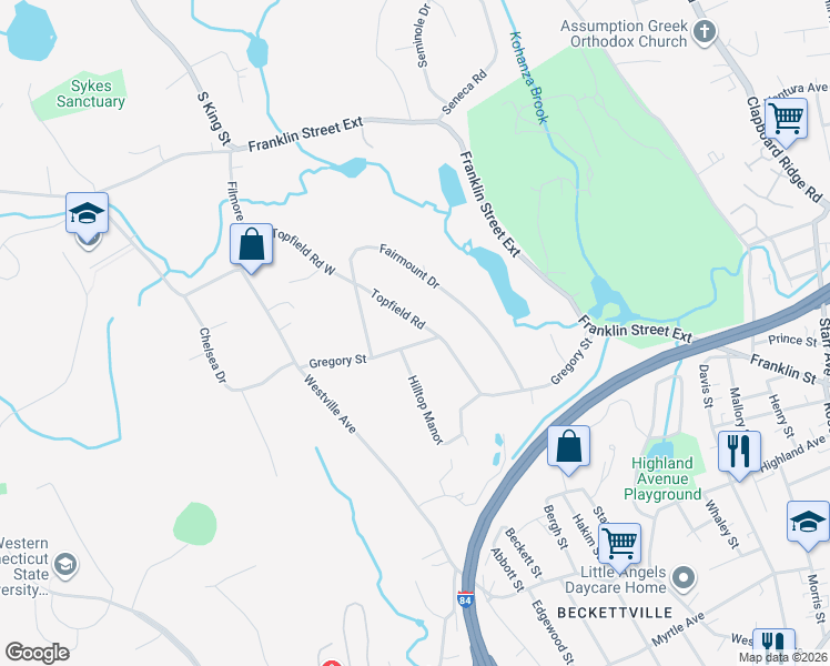 map of restaurants, bars, coffee shops, grocery stores, and more near 2 Topfield Rd in Danbury