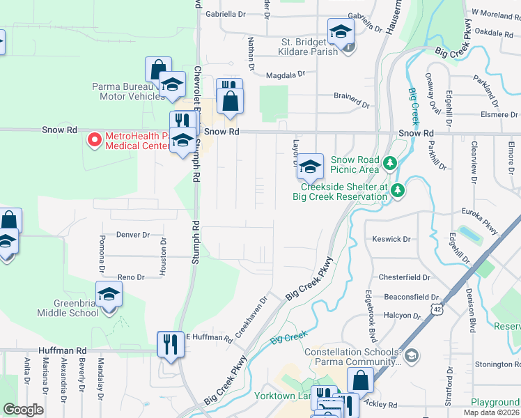 map of restaurants, bars, coffee shops, grocery stores, and more near 5941 Kings Highway in Parma Heights