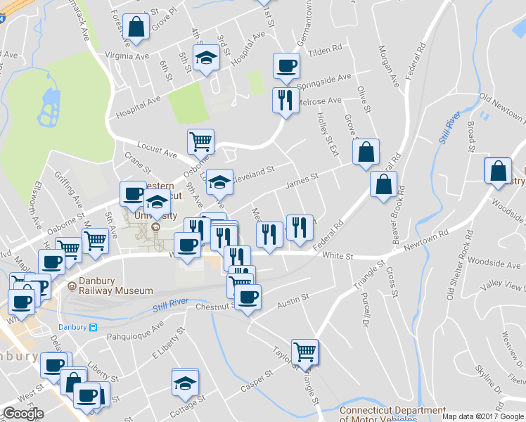 map of restaurants, bars, coffee shops, grocery stores, and more near 27 Meadow Street in Danbury