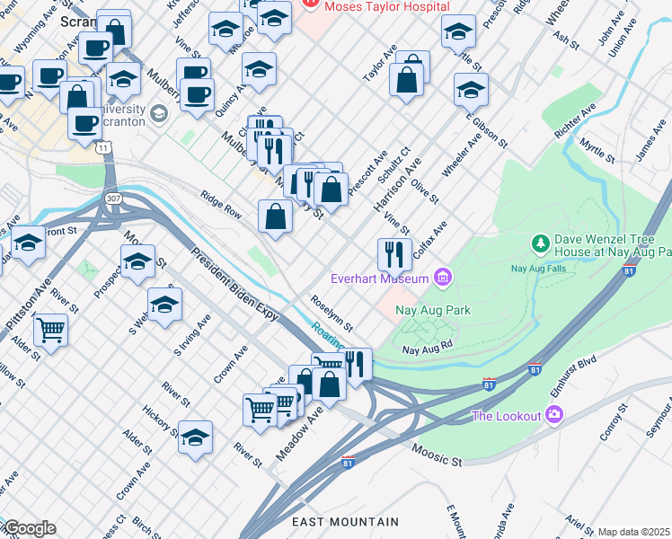 map of restaurants, bars, coffee shops, grocery stores, and more near 302 Harrison Avenue in Scranton
