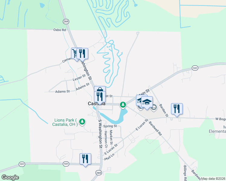 map of restaurants, bars, coffee shops, grocery stores, and more near 203 North Depot in Castalia