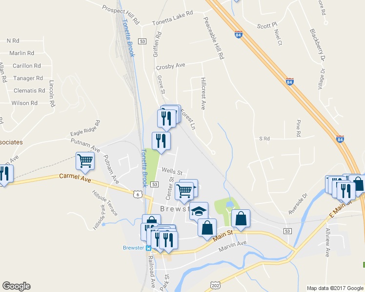 map of restaurants, bars, coffee shops, grocery stores, and more near 48 Center Street in Brewster