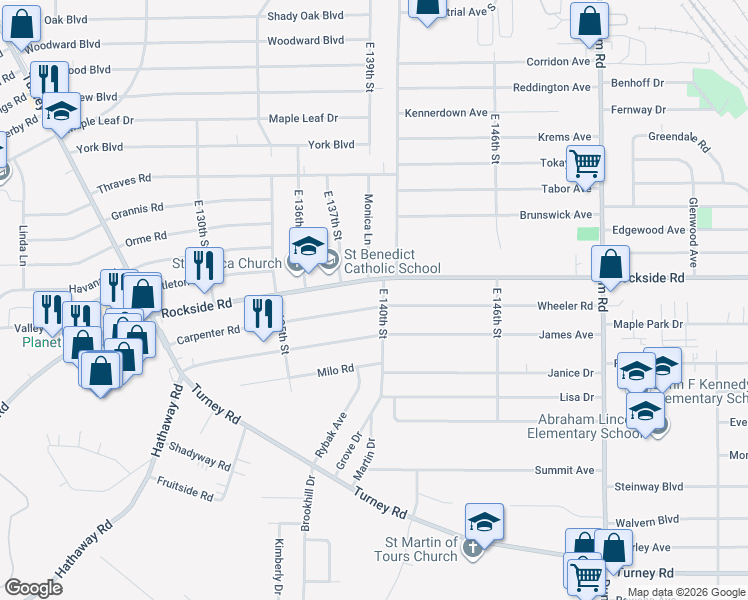 map of restaurants, bars, coffee shops, grocery stores, and more near 13821 Carpenter Rd in Garfield Heights