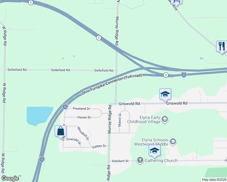 map of restaurants, bars, coffee shops, grocery stores, and more near 6832 Murray Ridge Road in Elyria