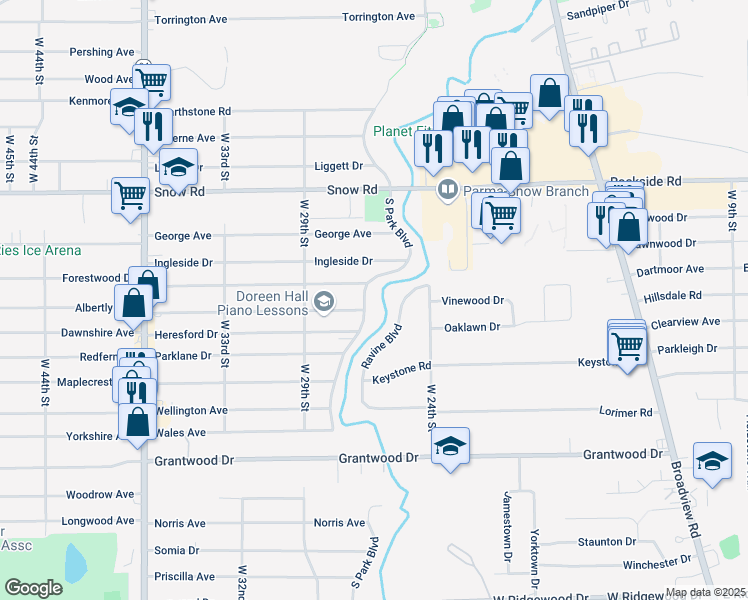 map of restaurants, bars, coffee shops, grocery stores, and more near 5939 South Park Boulevard in Parma