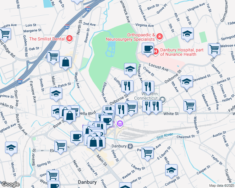 map of restaurants, bars, coffee shops, grocery stores, and more near 5 Summit Street in Danbury