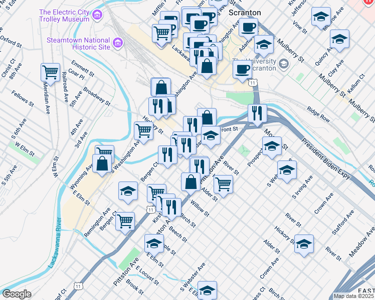 map of restaurants, bars, coffee shops, grocery stores, and more near 436 Cedar Avenue in Scranton