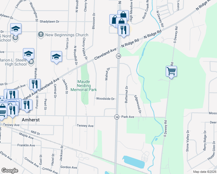 map of restaurants, bars, coffee shops, grocery stores, and more near 149 Walnut Drive in Amherst